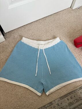 Amazon Blue and White Striped Knit Drawstring Shorts